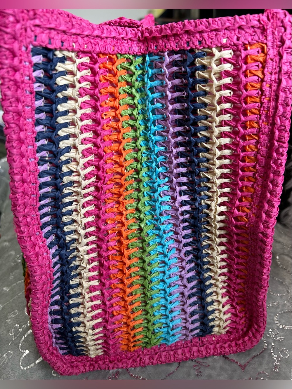 NWT Urban Expression, Lg, Pink Multicolor, Candi Hand-woven Crochet Beach Tote - Picture 3 of 7